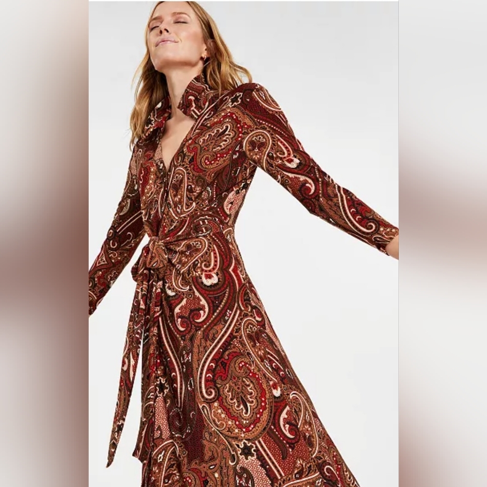 Tommy Hilfiger Petite Paisley-Print Jersey Long sleeve Shirtdress Size 6 - Picture 2 of 12